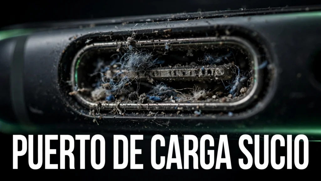 Por qué mi móvil carga lento y cómo arreglarlo 3 Puerto de carga USB-C de un móvil con pelusa y polvo acumulado