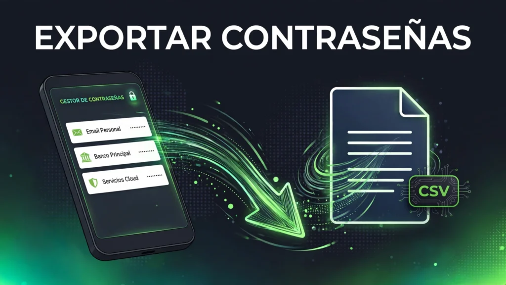 Dónde se guardan las contraseñas en Android 5 Ilustración del proceso de exportar contraseñas desde el Gestor de Google en Android, con el texto Exportar contraseñas