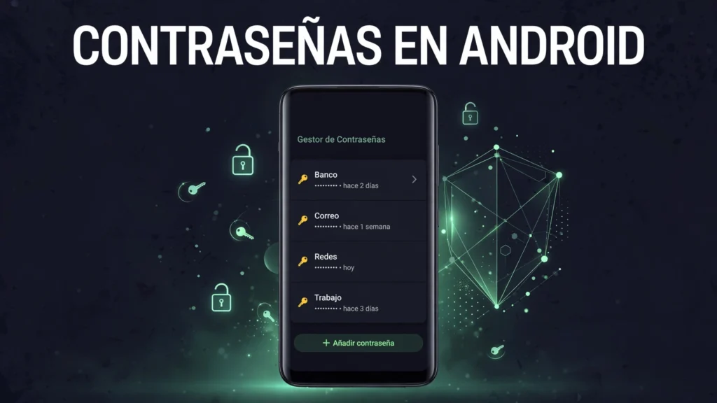 Dónde se guardan las contraseñas en Android 2 Ilustración editorial de un teléfono Android con el Gestor de contraseñas de Google abierto y el texto Contraseñas en Android