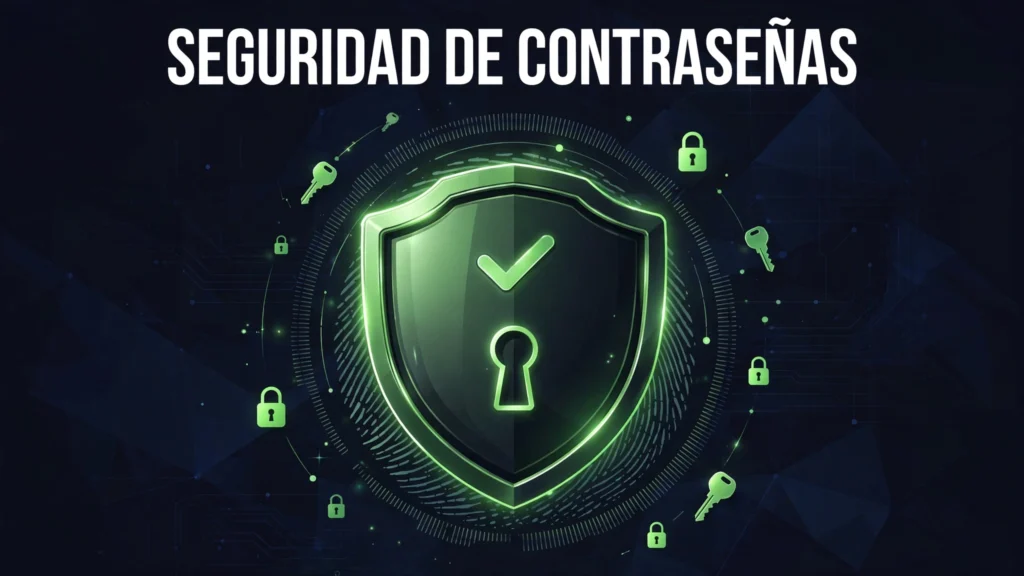 Dónde se guardan las contraseñas en Android 4 Ilustración de un escudo con un candado protegiendo credenciales en Android, con el texto Seguridad de contraseñas