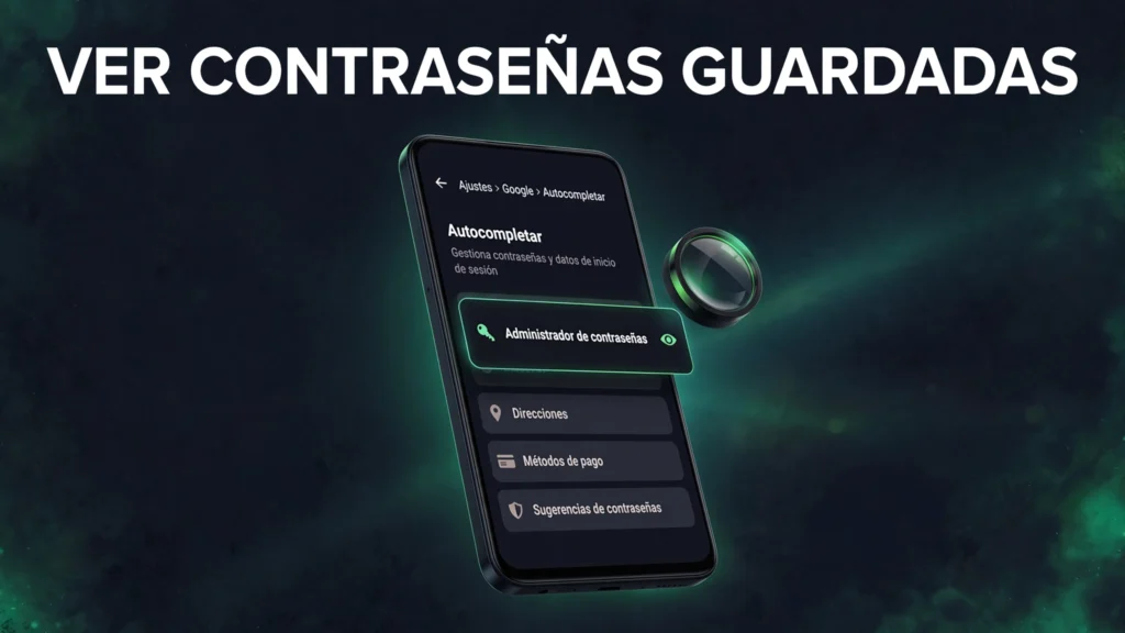 Dónde se guardan las contraseñas en Android 3 Teléfono Android mostrando la ruta Ajustes, Google y Autocompletar para llegar al Gestor de contraseñas, con el texto Ver contraseñas guardadas
