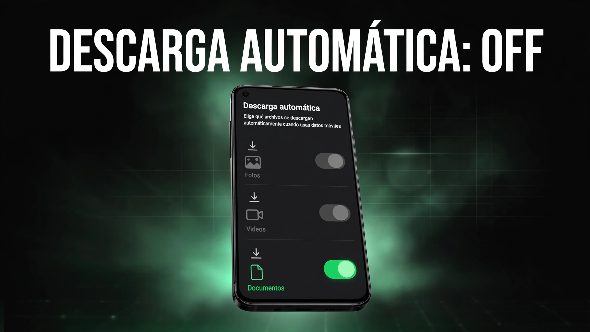 Ajustes de descarga automática de WhatsApp con las opciones desactivadas para ahorrar espacio
