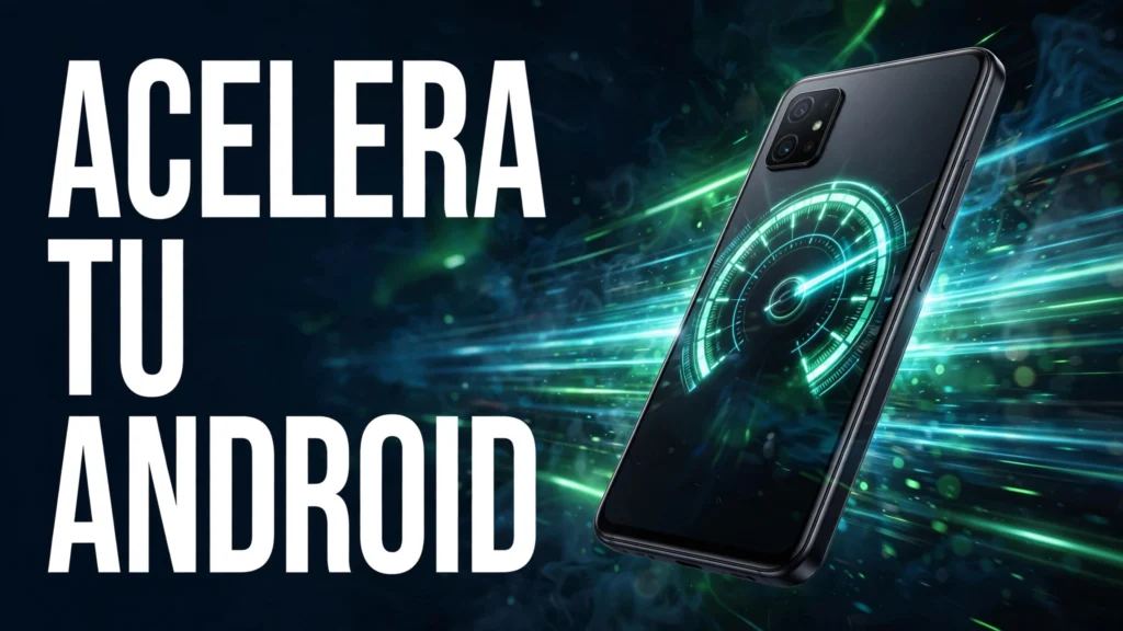 Cómo acelerar tu Android: guía completa para un móvil lento 2 Móvil Android con velocímetro brillante y la frase Acelera tu Android en una portada editorial