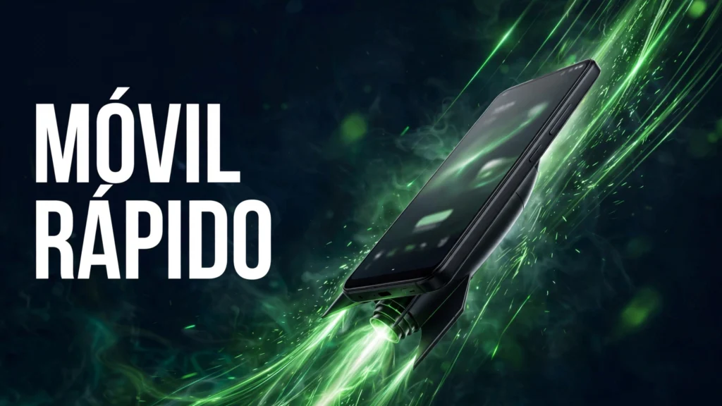 Cómo acelerar tu Android: guía completa para un móvil lento 5 Móvil Android con efecto cohete y estelas de luz verdes con la frase Móvil rápido