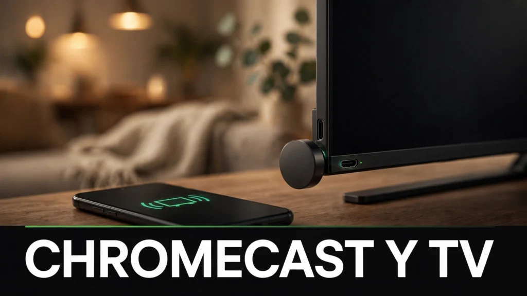 Dispositivo Chromecast conectado a un televisor junto a un móvil