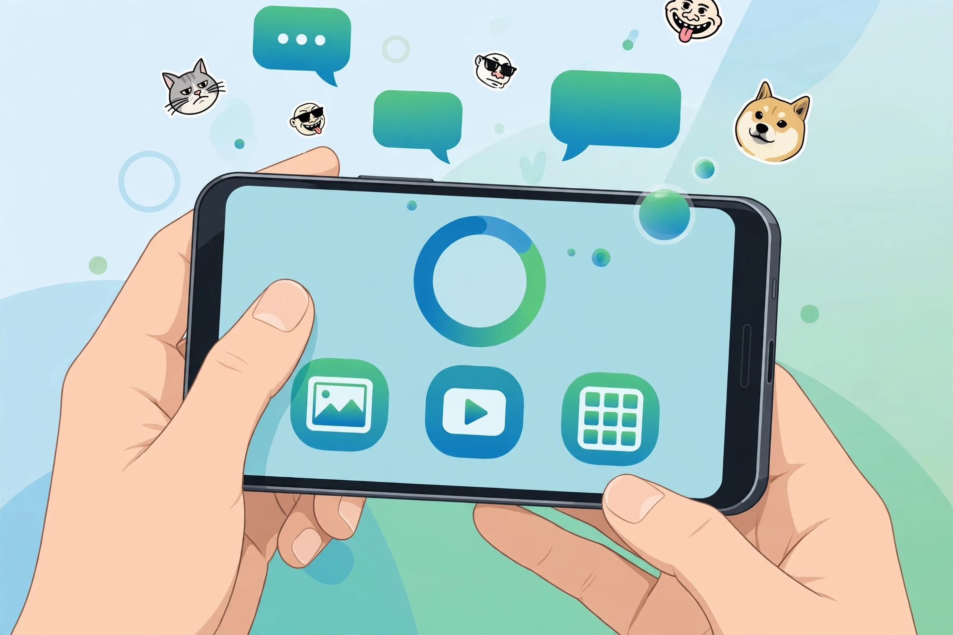 Manos sosteniendo un móvil mientras memes y archivos de WhatsApp ocupan el almacenamiento