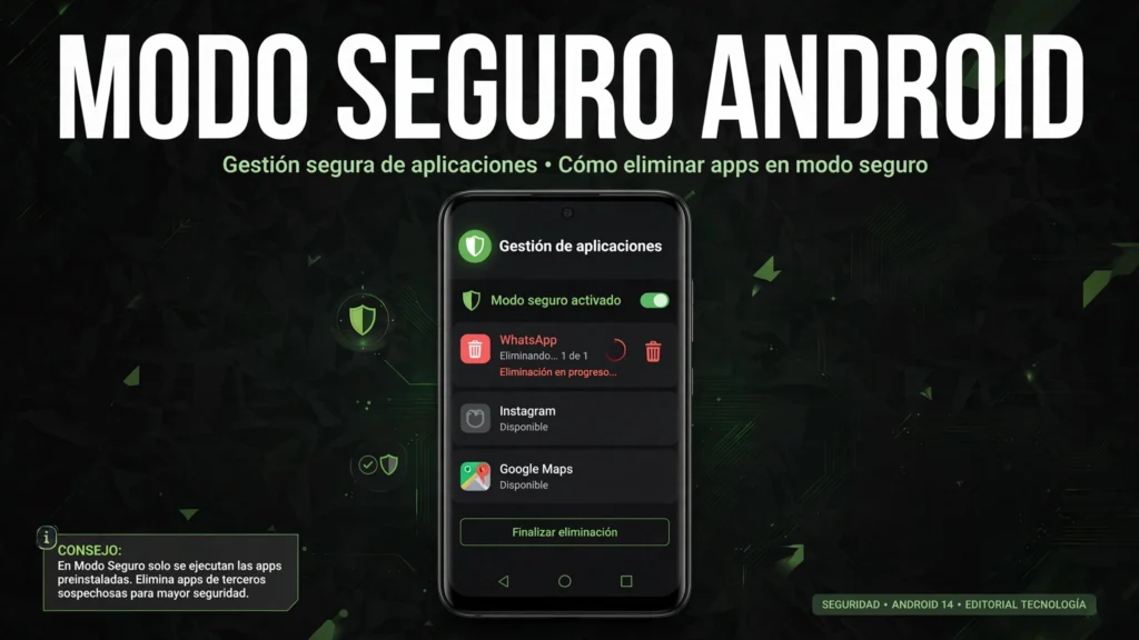 Móvil Android en modo seguro mostrando la gestión de aplicaciones para eliminar una app sospechosa