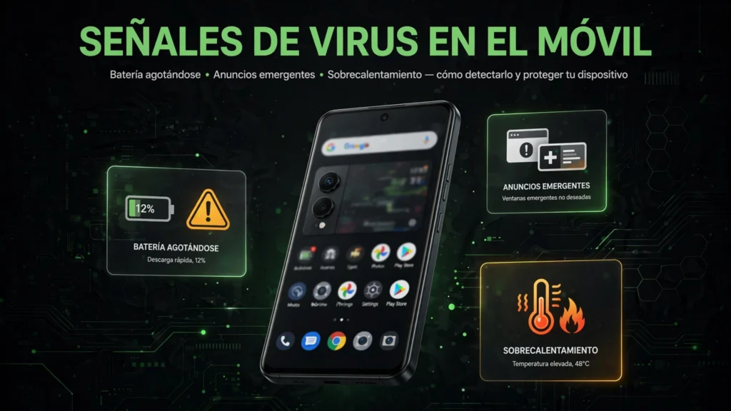 Móvil Android con señales de virus: batería agotándose, anuncios emergentes y sobrecalentamiento
