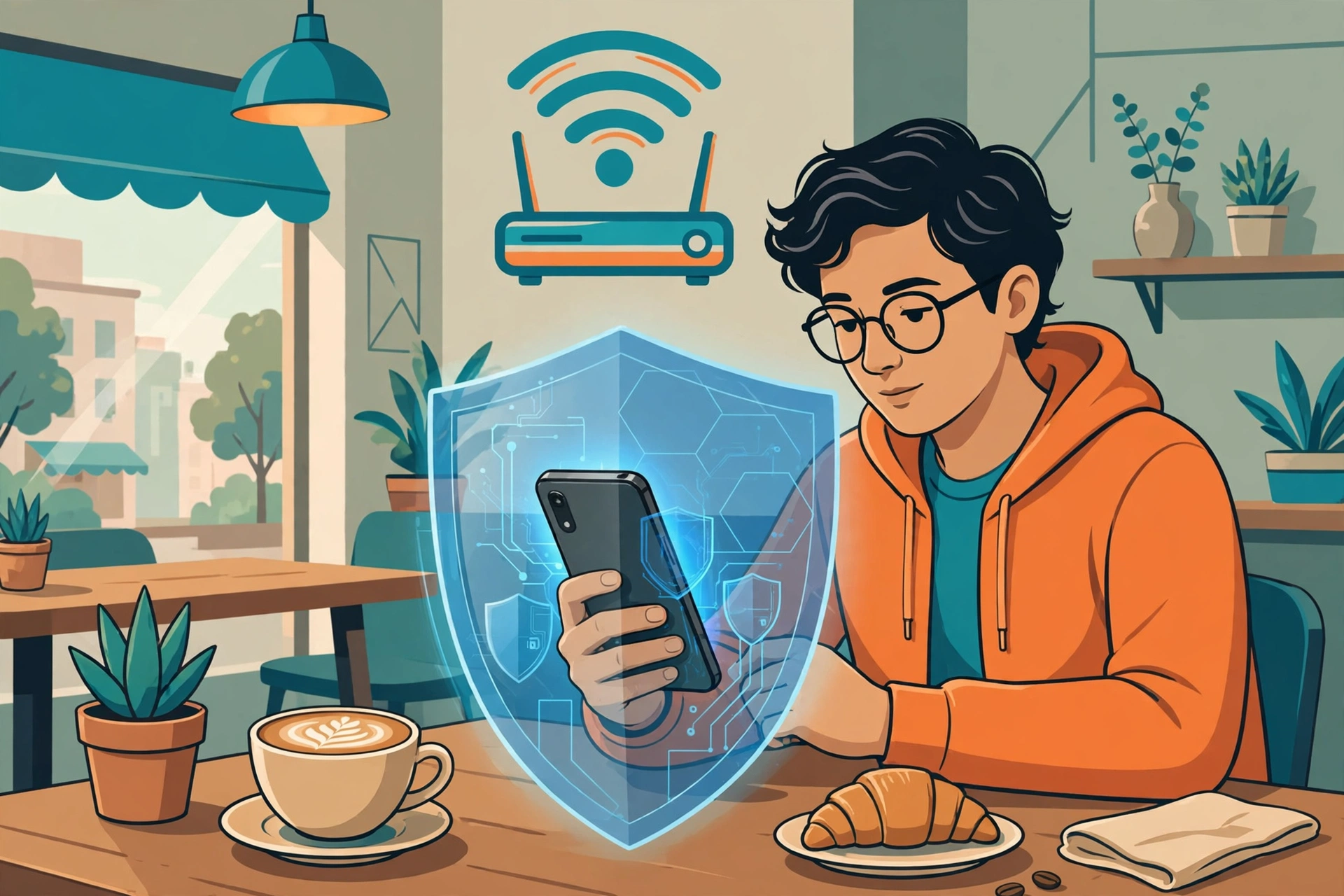 Las 5 mejores VPN gratis para Android en 2026: comparativa honesta 3 Persona usando su móvil Android protegida por una VPN en una red WiFi pública