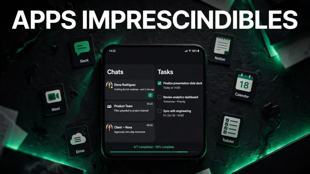 Las mejores aplicaciones para Android en 2026: gratis e imprescindibles 2 Móvil mostrando apps de chat y tareas con iconos de productividad flotando alrededor