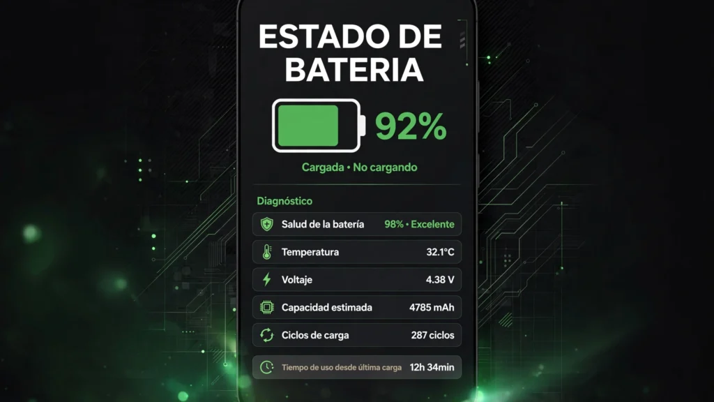 Menú de información *#*#4636#*#*: qué es y cómo usarlo 4 Pantalla de diagnóstico del estado de la batería en Android con nivel de carga, salud, temperatura y voltaje