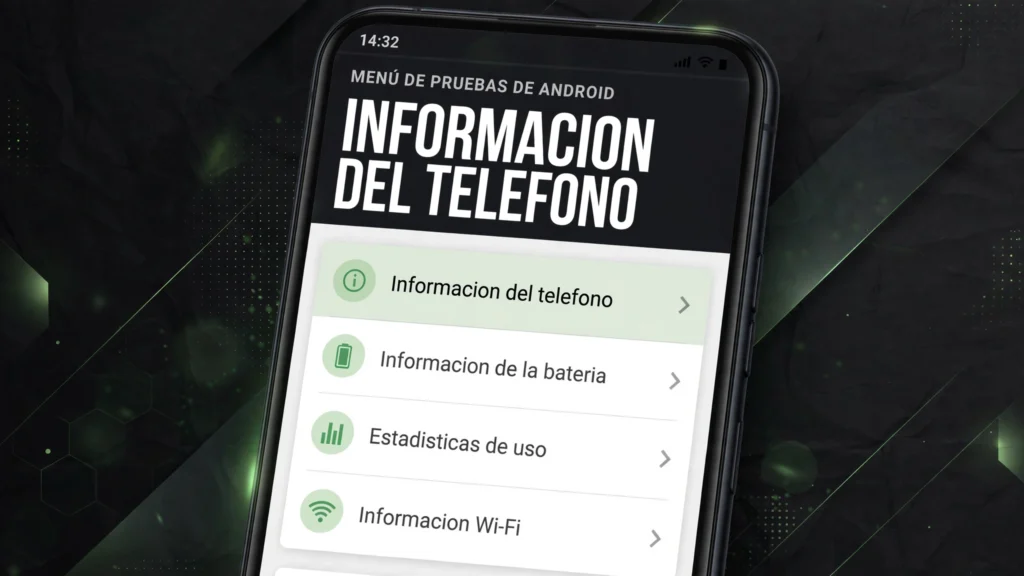 Menú de información *#*#4636#*#*: qué es y cómo usarlo 3 Ilustración del menú de pruebas de Android con las opciones Información del teléfono, Información de la batería, Estadísticas de uso e Información Wi-Fi