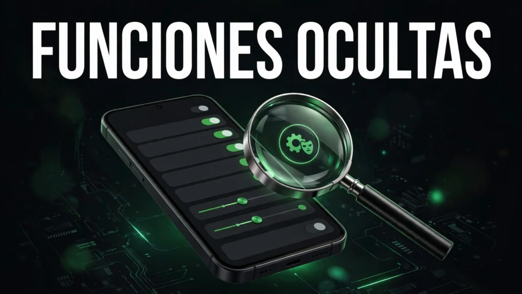 Trucos de Android que no sabías: 20 funciones ocultas 4 Ilustración de un móvil con panel de ajustes y lupa resaltando un menú secreto, con el texto Funciones ocultas