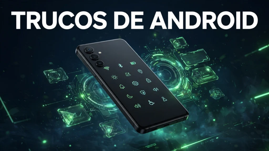 Trucos de Android que no sabías: 20 funciones ocultas 2 Ilustración editorial de un móvil Android con paneles de funciones flotantes y el texto Trucos de Android