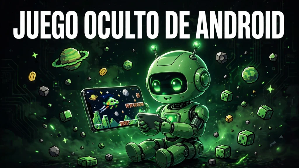 Trucos de Android que no sabías: 20 funciones ocultas 5 Ilustración original de un robot verde jugando a un arcade espacial en un móvil, con el texto Juego oculto de Android