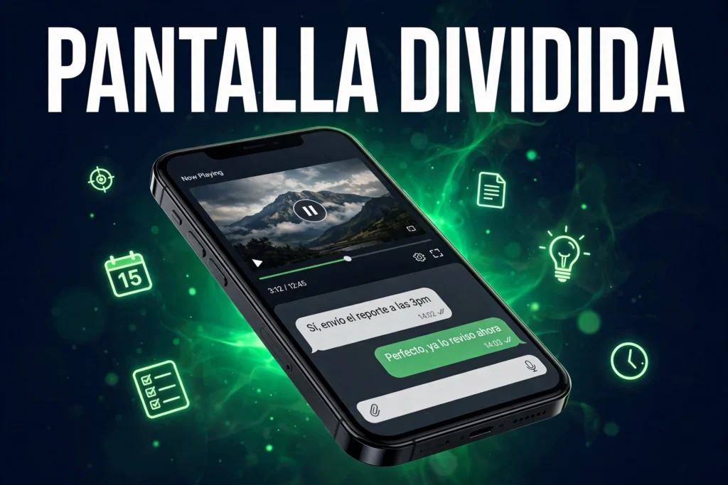 Trucos de Android que no sabías: 20 funciones ocultas 3 Ilustración de un móvil con pantalla dividida mostrando un vídeo y un chat, con el texto Pantalla dividida